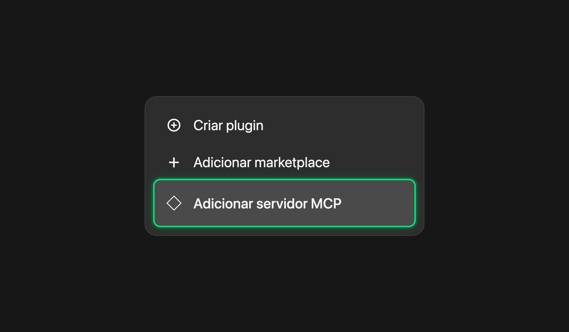 Menu Adicionar em português com Adicionar servidor MCP selecionado
