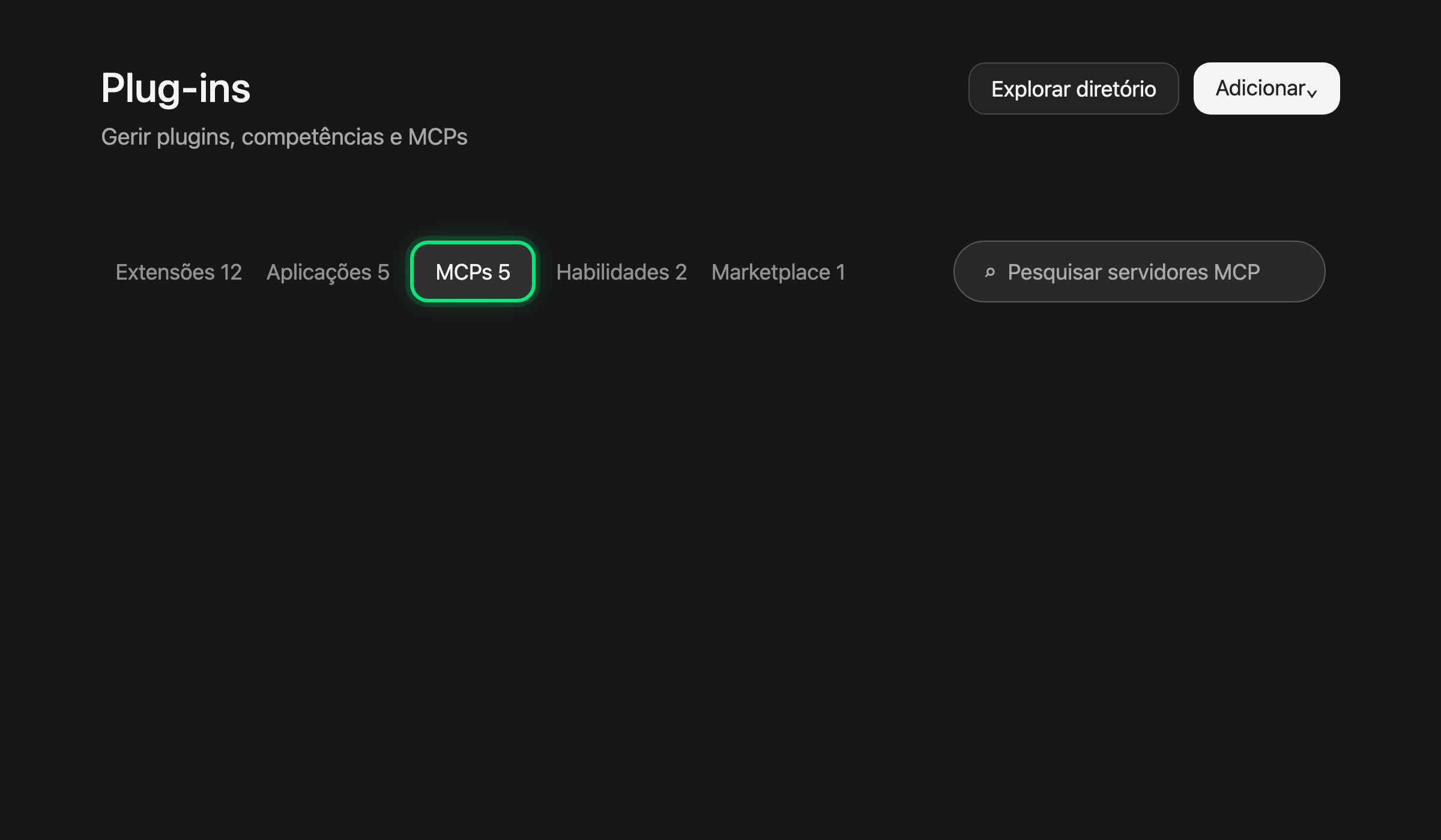 Área Plug-ins em português com o separador MCPs selecionado