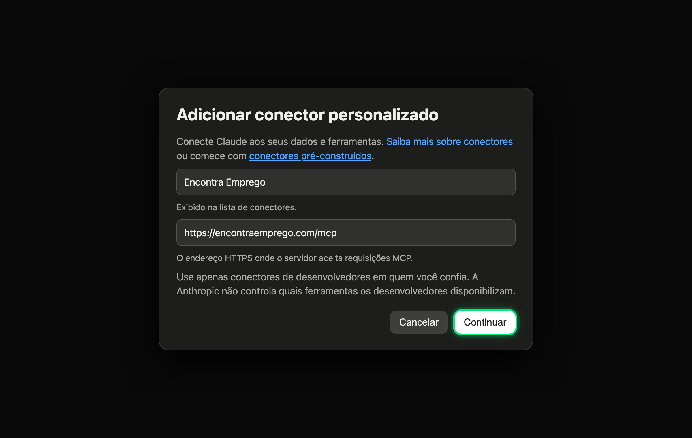 Formulário para adicionar o conector personalizado do Encontra Emprego