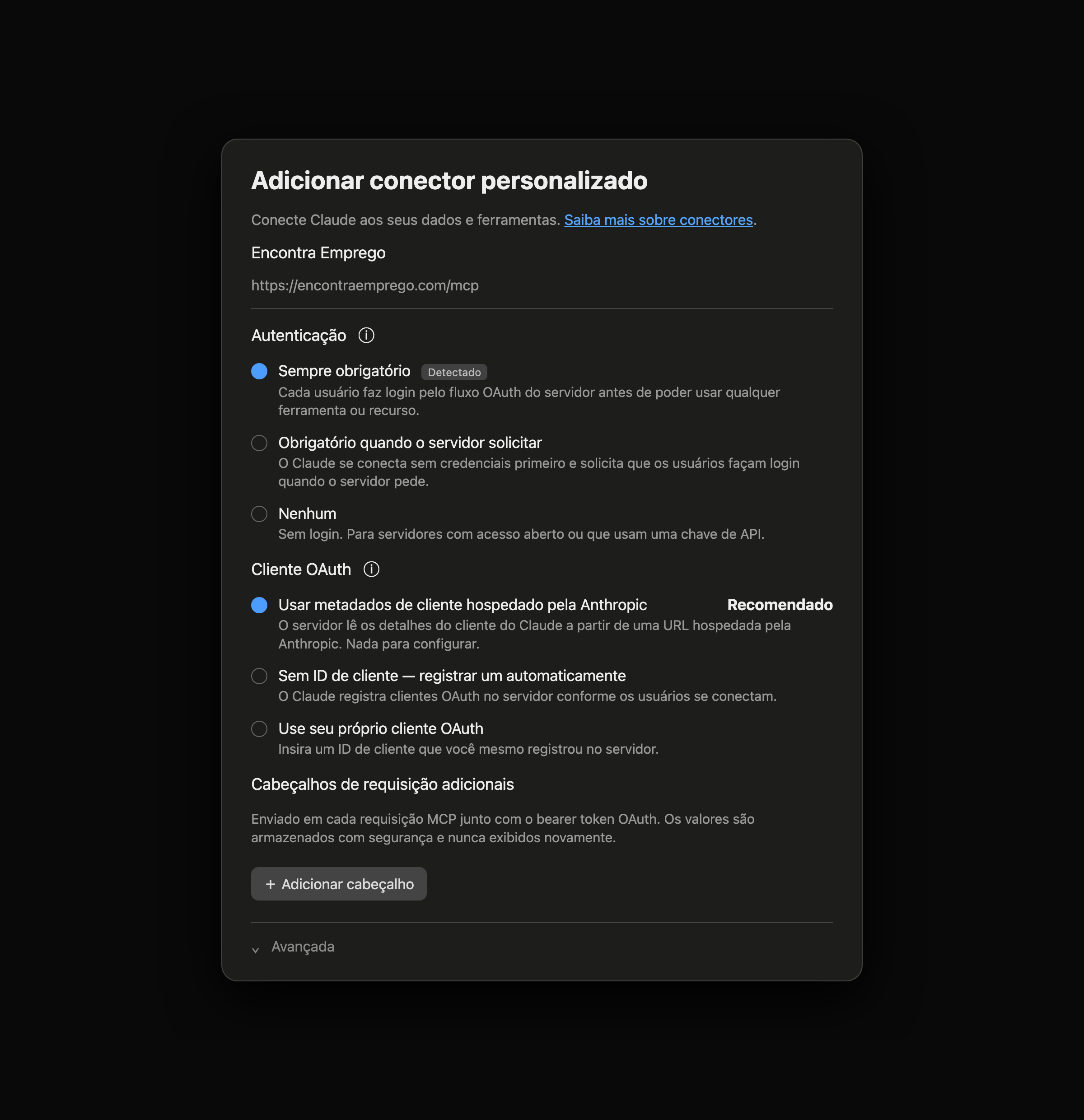 Configuração de autenticação OAuth do conector Encontra Emprego