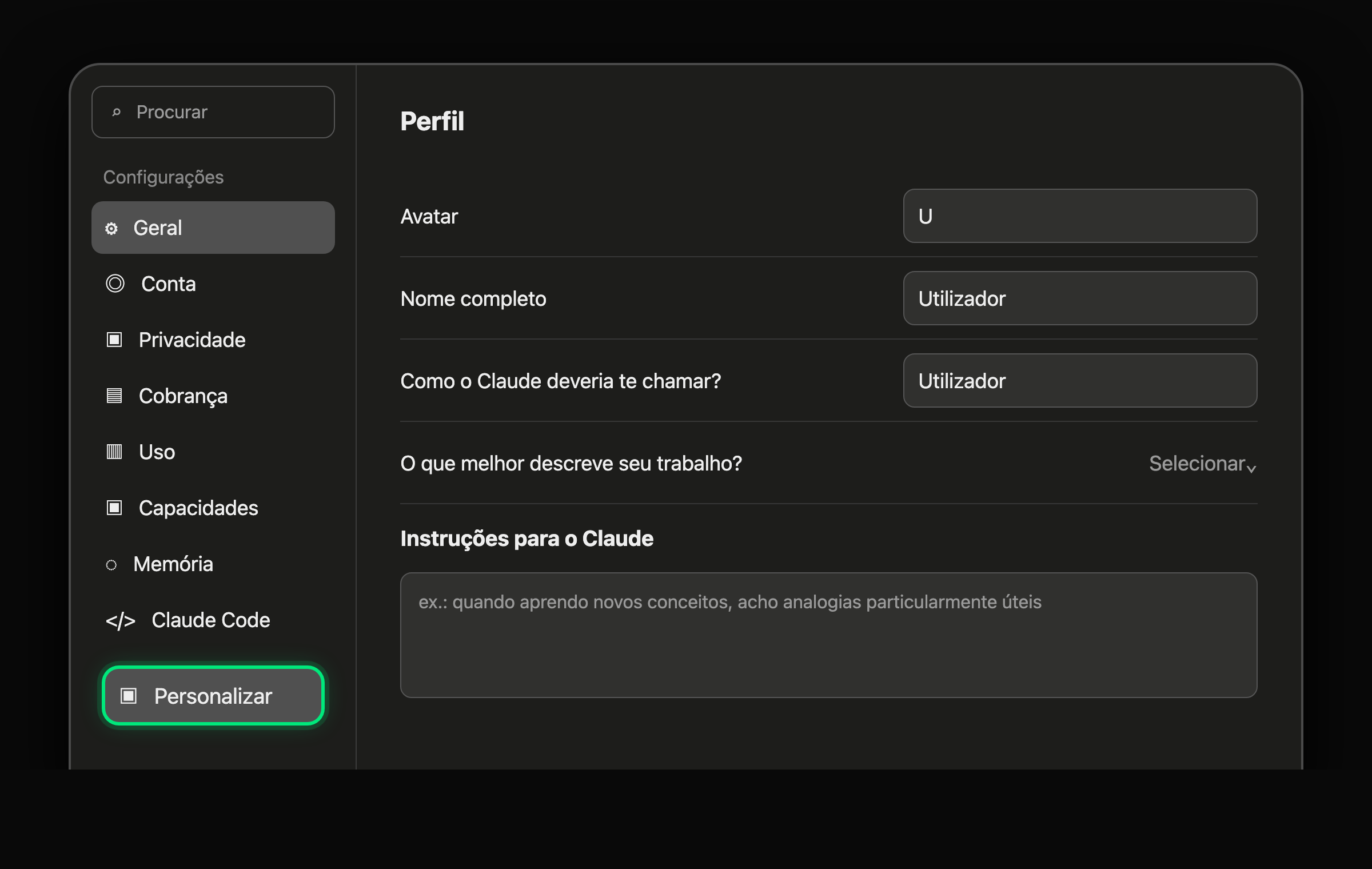 Configurações do Claude com a opção Personalizar